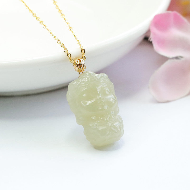 Green Tara Buddha Necklace with Hetian Jade Pendant