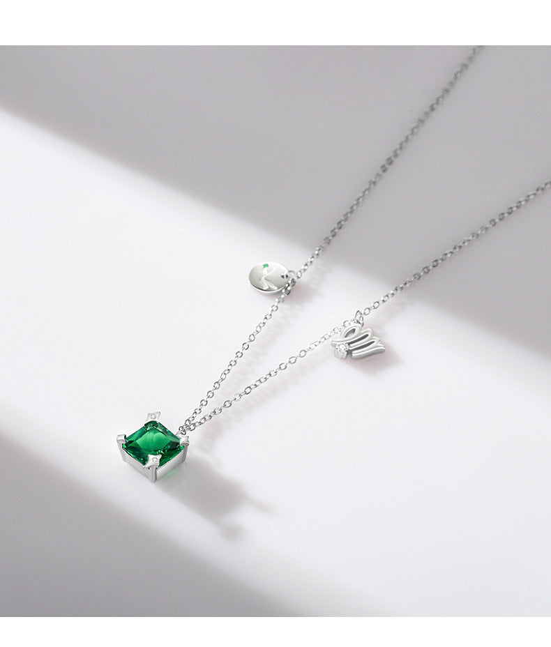 S925 Sterling Silver Green Zircon Necklace with Virgo Clavicle Chain