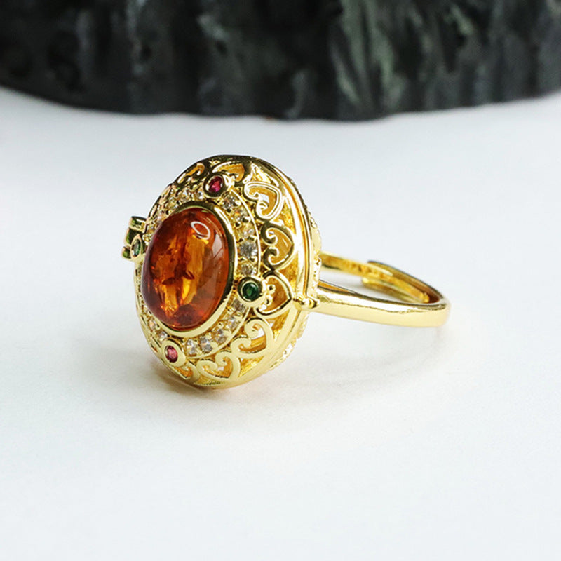 Amber Flower Bud Sterling Silver Adjustable Ring