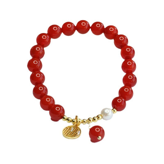 Red Agate and Pearl Sterling Silver Bracelet - Fortune's Favor Collection by Planderful