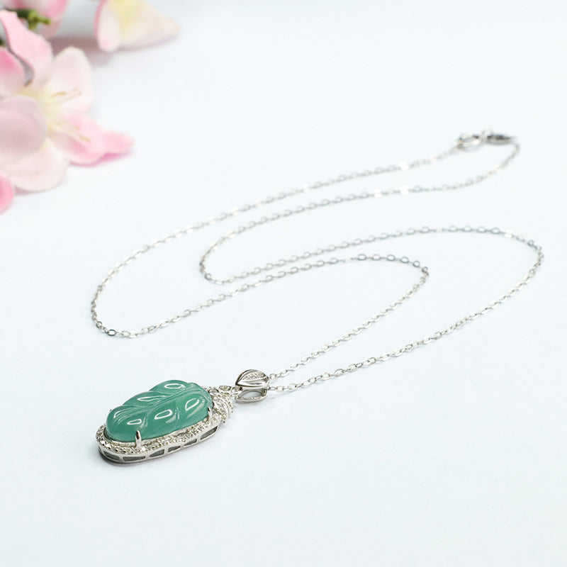 Icy Blue Green Leaf Jade Pendant with Zircon Necklace in Sterling Silver