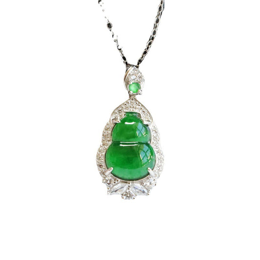 Imperial Green Jade Gourd Necklace with Zircon accent