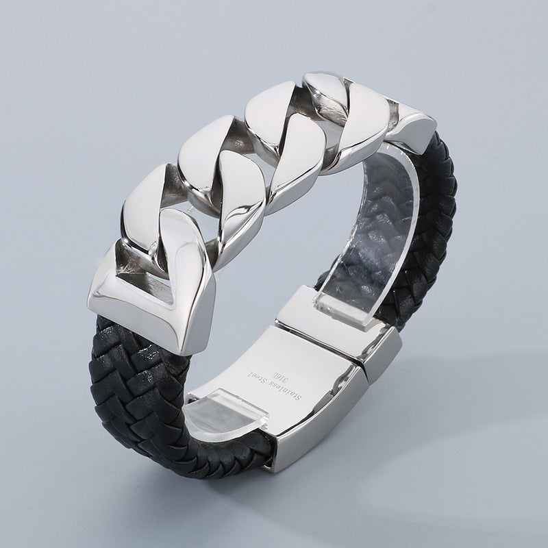 Leather and Stainless Steel Cuban Chain Bracelet with Square Magnet Buckle for Men