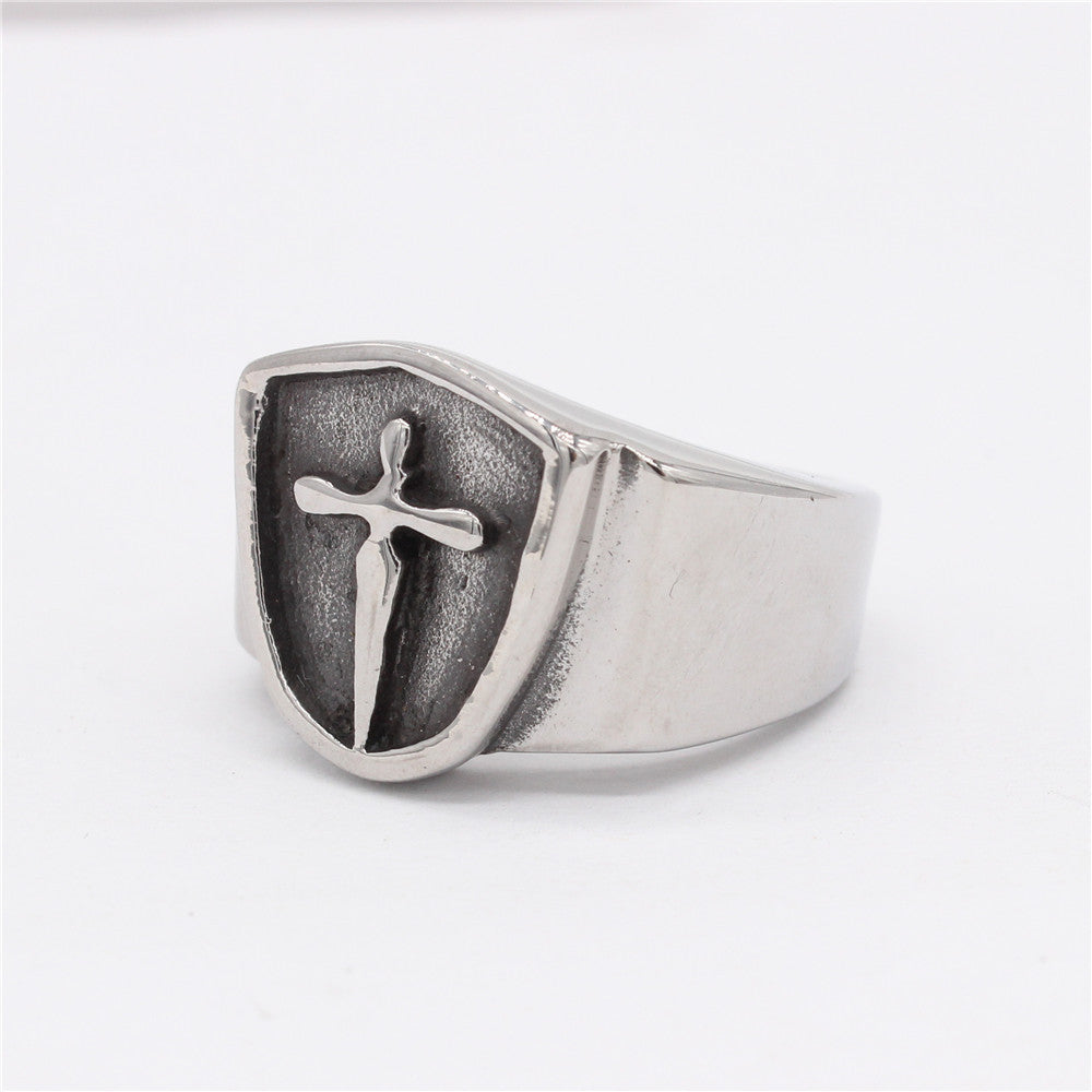 Crucifix Shield Polished Titanium Steel Ring for Men