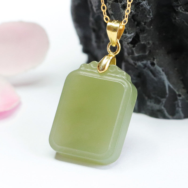 Luxurious Square Sterling Silver Pendant with Exquisite Hetian Jade