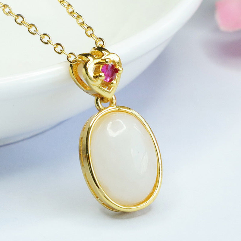 Elegant Oval White Jade Love Golden Pendant