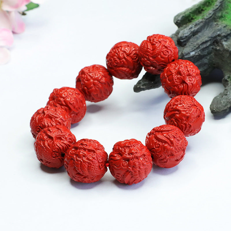 Dragon Head Red Cinnabar Bracelet with Sterling Silver Beads