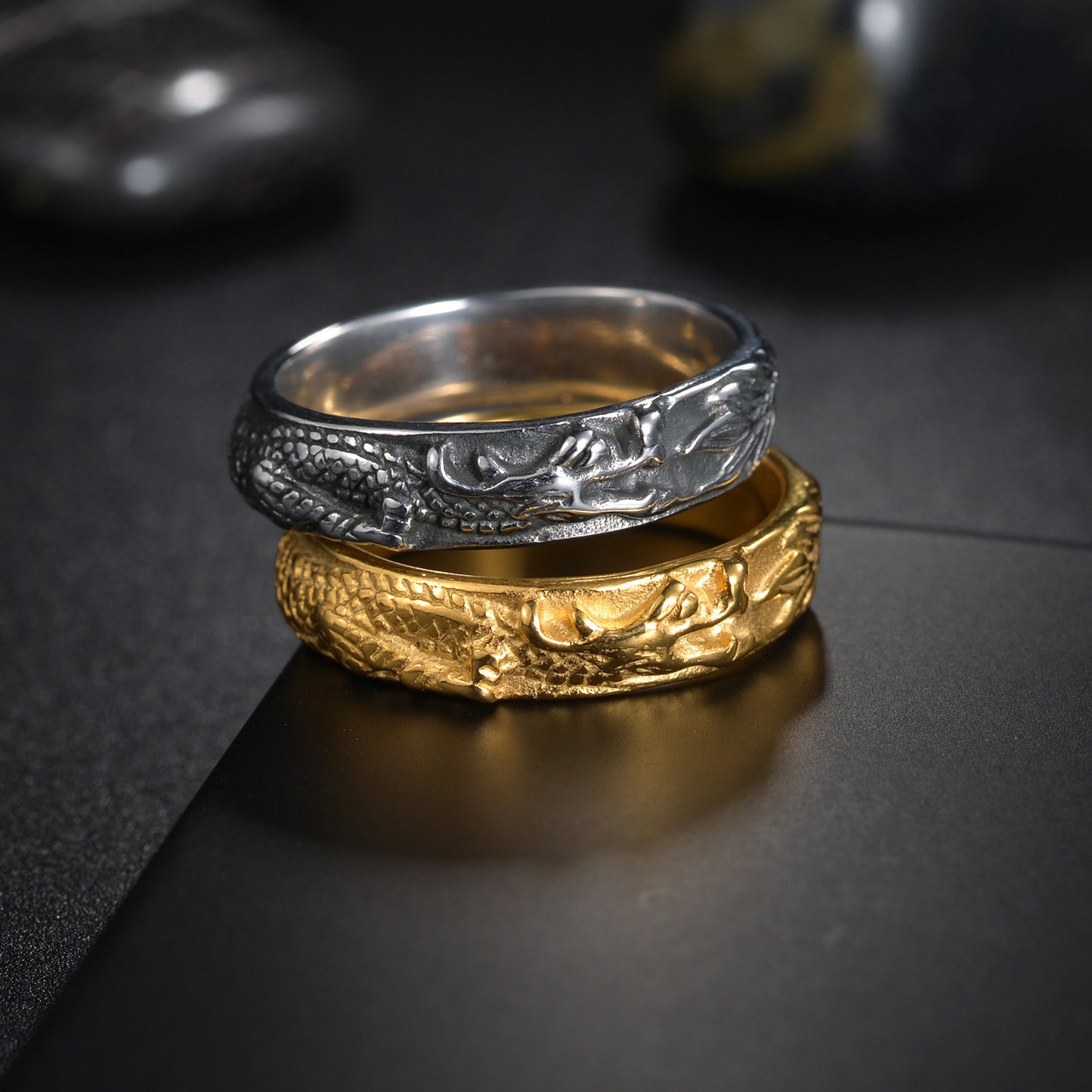 Chinese Dragon Inspired Titanium Steel Ring for Men - Red Broadcast Collection