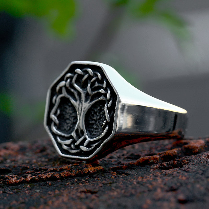 Stainless Steel Viking Tree of Life Men's Ring - Retro Titanium Steel, Wholesale European and American Style