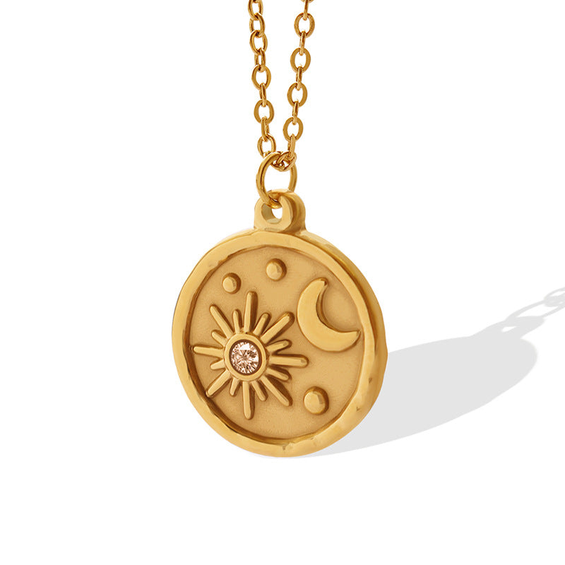 Zircon Star and Moon Gold-Plated Titanium Steel Pendant Necklace