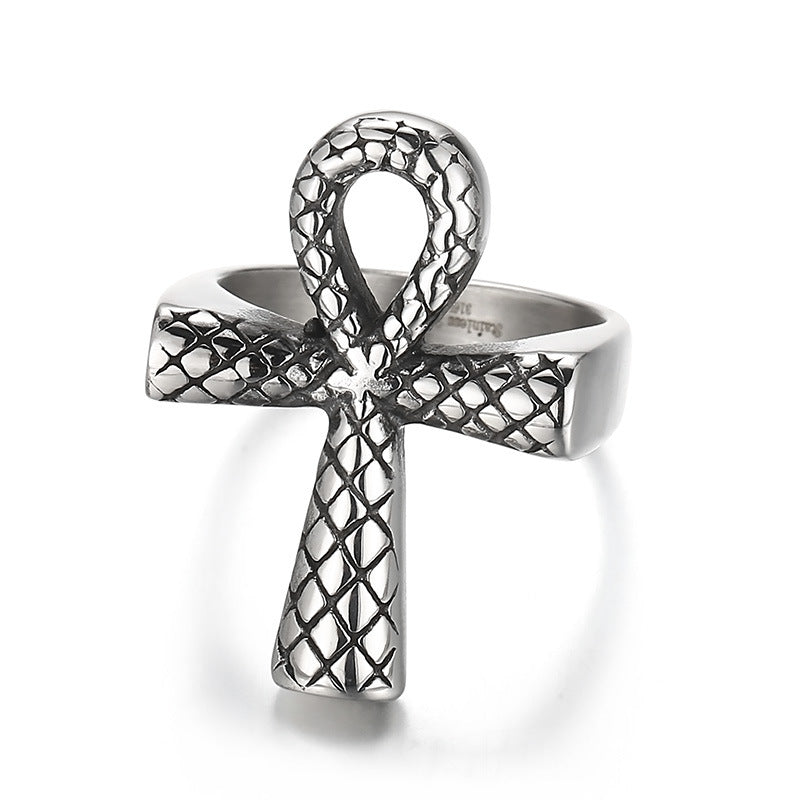 Custom Snake Design U-Shaped Ring, Retro Punk Titanium Steel Men's Egyptian Cross Ring - Size 9-13