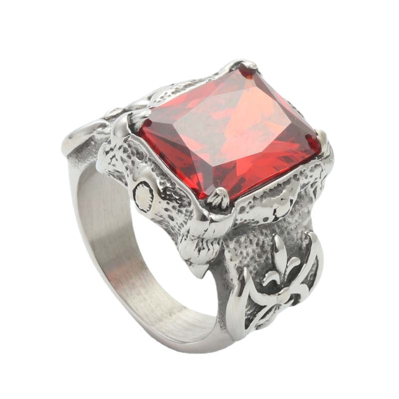 Retro Hipster Punk Titanium Steel Ring with Red Zircon Inlay for Men - Premium Stainless Steel Accessory Direct from Manufacturer