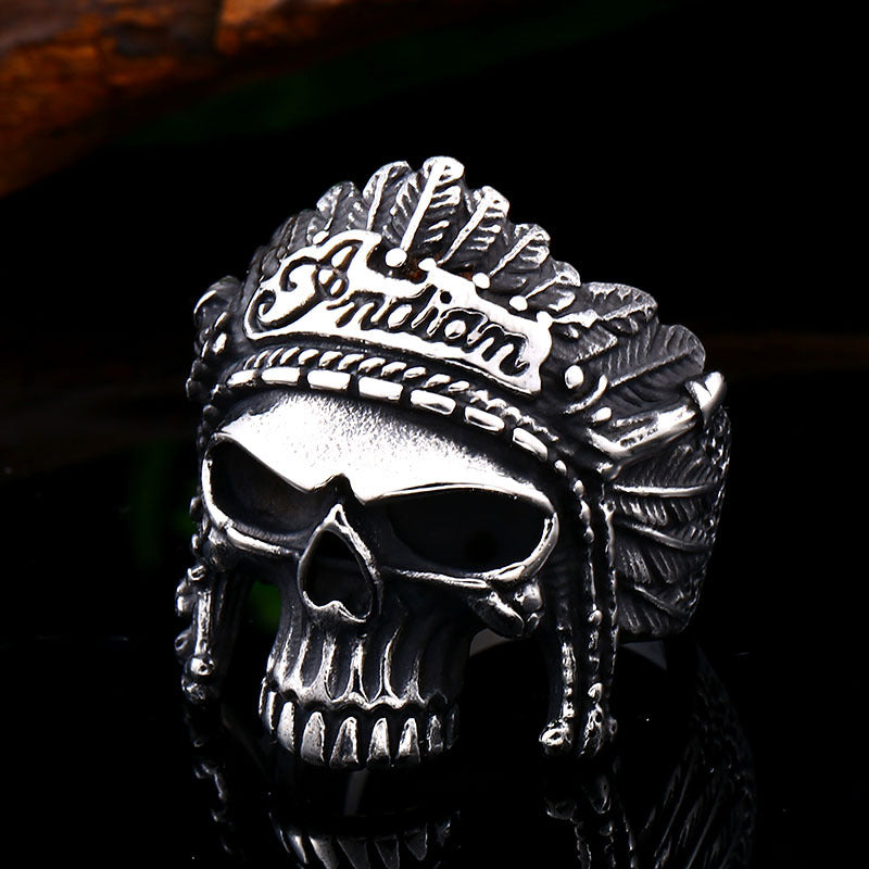 Custom Retro Stainless Steel Men’s Ring with Indian Skull Design – Wholesale Titanium Steel Jewelry