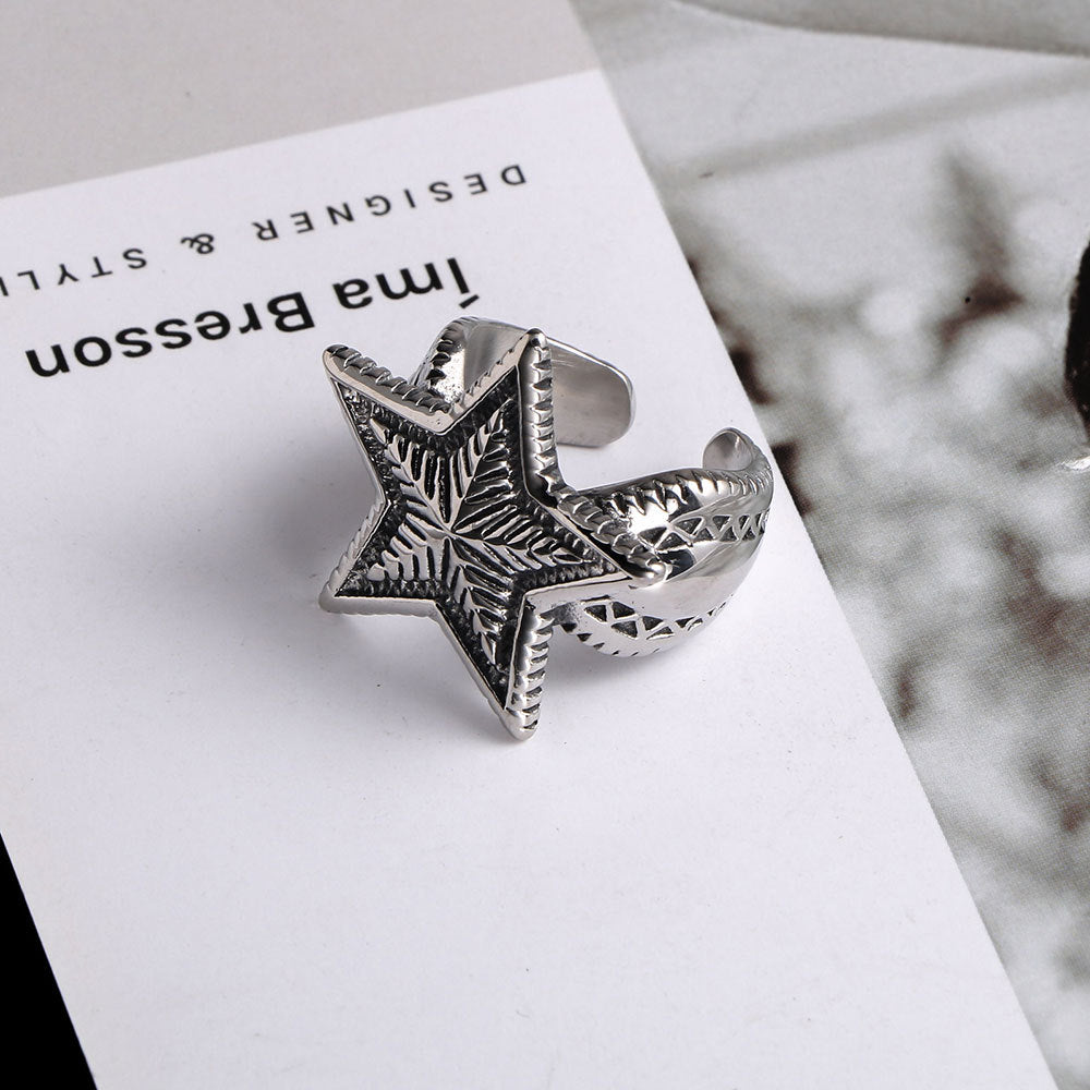 Titanium Steel Open Ring with Five-Pointed Star Design for Boys and Fashionable Women - Korean Style