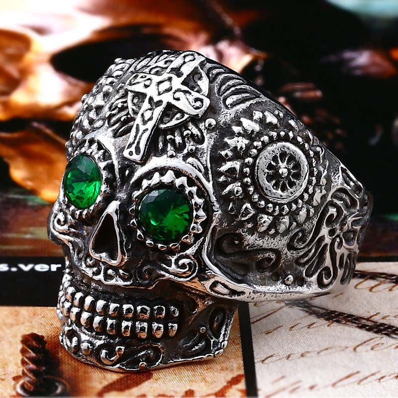 Vintage-Inspired Titanium Steel Skull Ring for Men with Zircon Cross Accent