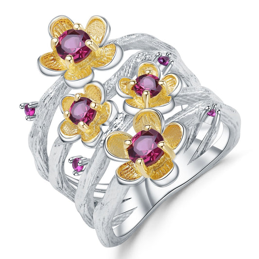 Four Layers Split Shank Golden Flowers Natural Gemstones Silver Ring