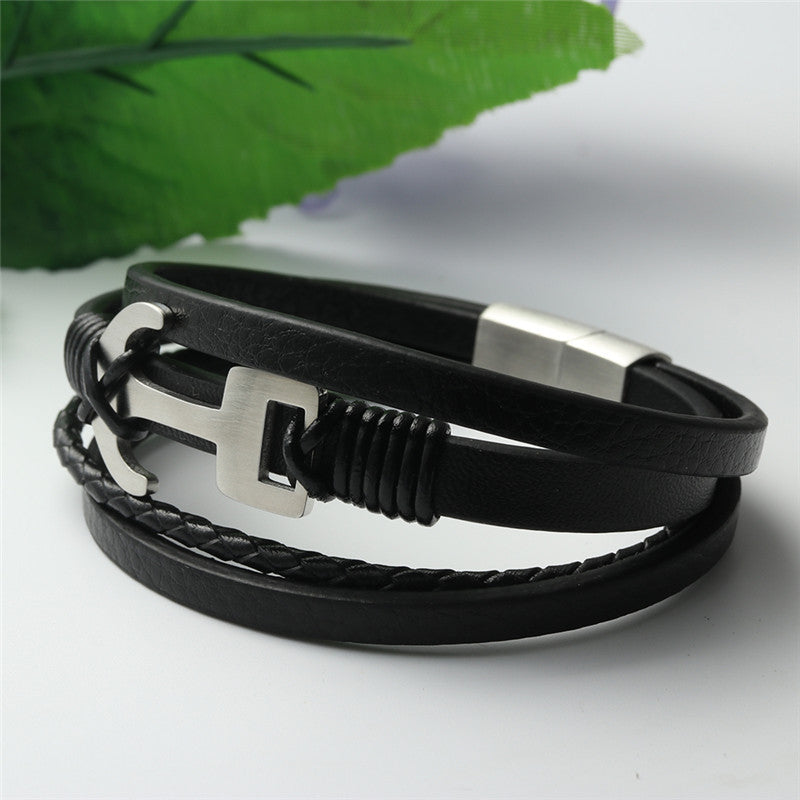 Personalized Men's Titanium Steel Hollow Hook Woven Leather Bracelet - Punk Style Anchor Design