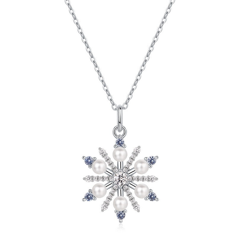 Christmas Pearl and Zircon Snowflake Pendant Sterling Silver Necklace