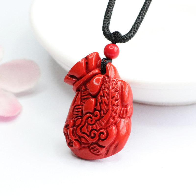 Red Sand Cinnabar Pendant with Gold Beast Money Bag