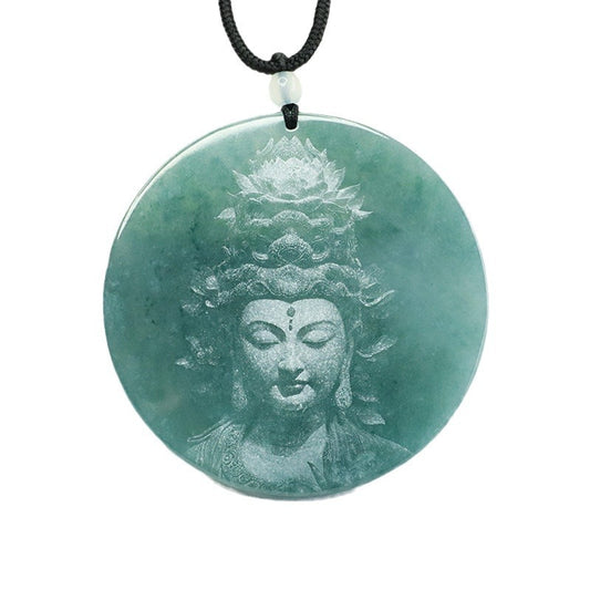 Carved Green Jade Guanyin Round Pendant