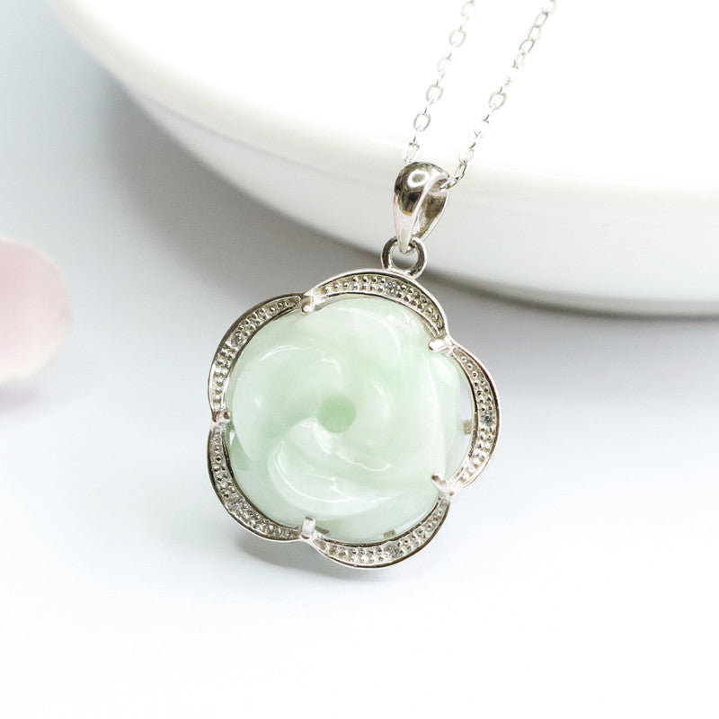 Elegant Sterling Silver Jade Flower Pendant Necklace