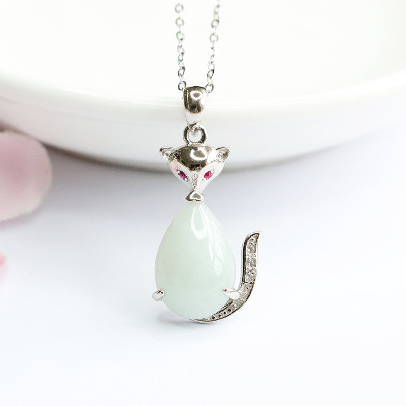 Sterling Silver Fox Pendant Necklace with Natural Jade