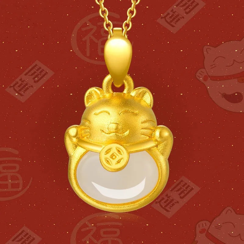 White and Gold Lucky Cat Jade Necklace Jewelry