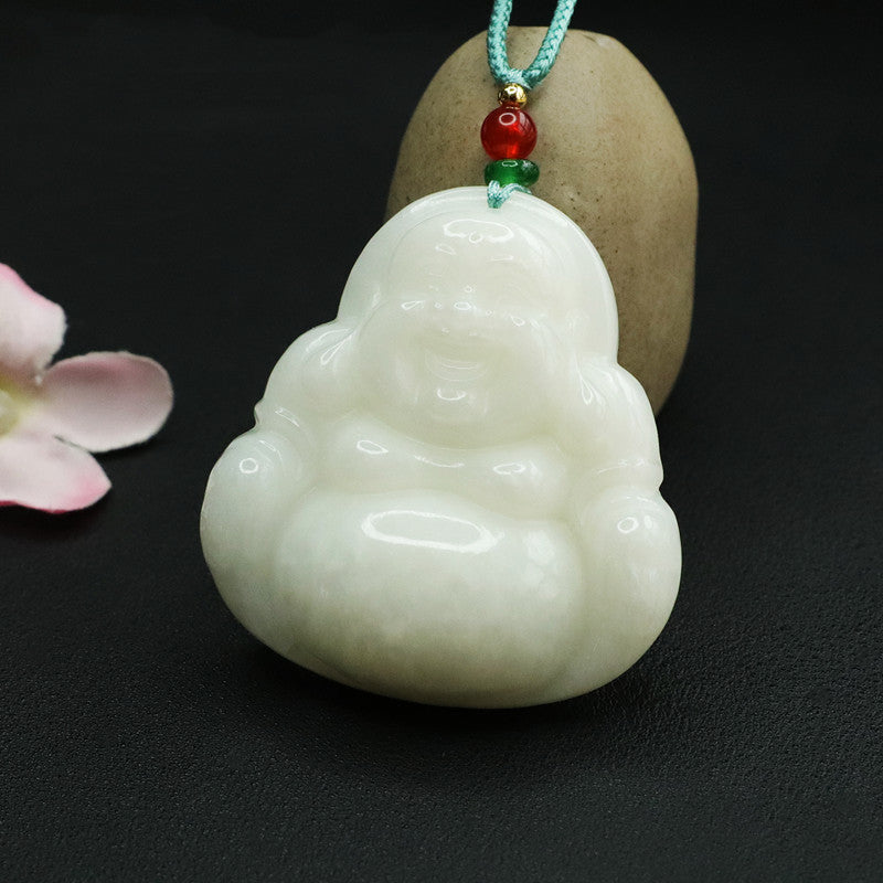 Large White Jade Buddha Necklace crafted with Natural Hotan Jade