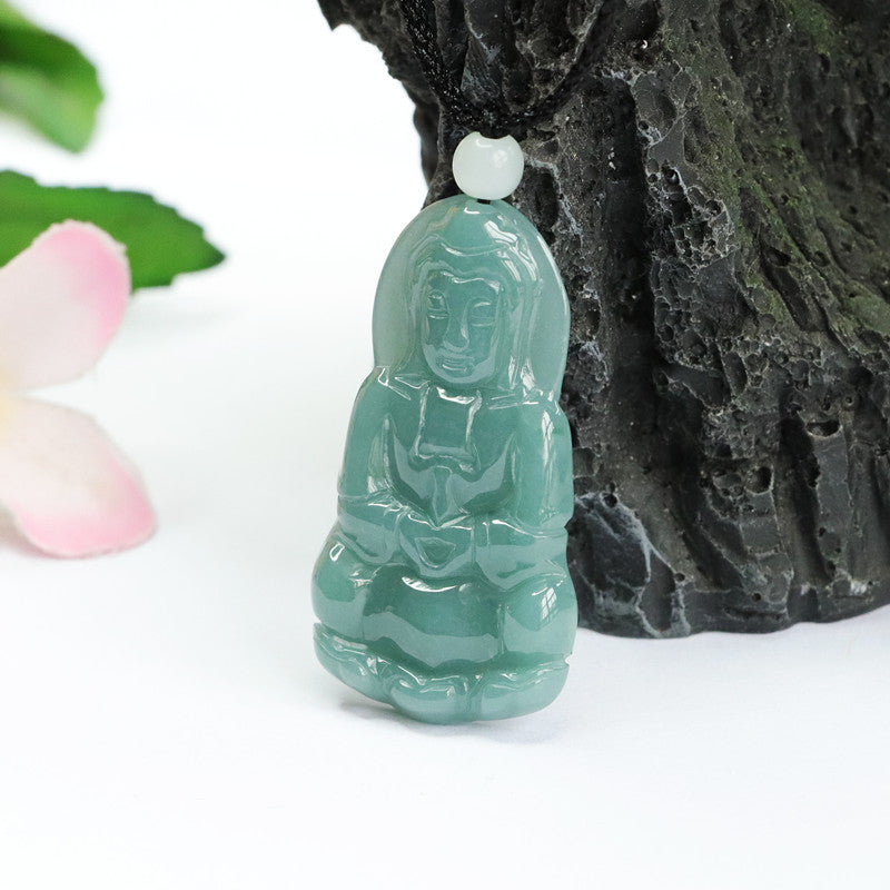 Green Jade Guanyin Pendant in Sterling Silver