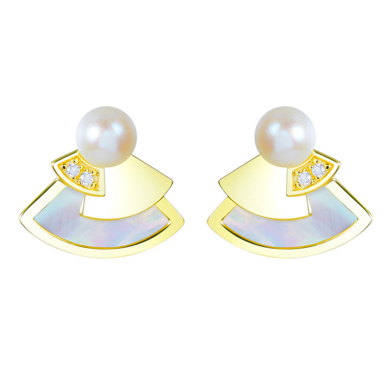 Mother of Pearl Fan Design Pearl Zircon Sterling Silver Stud Earrings