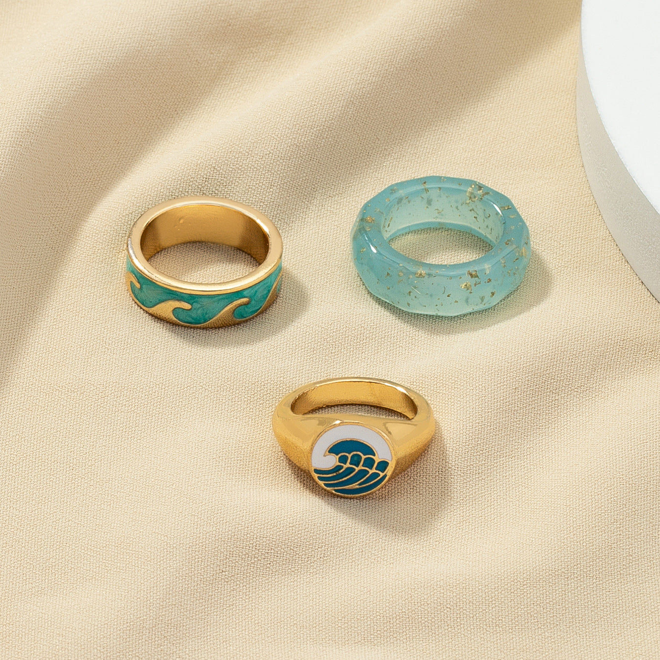 Blue Embroidery Fishline Ring Set with 3 Wave Rings