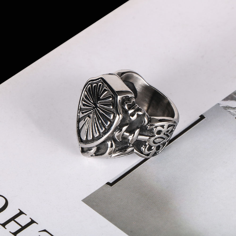 Titanium Steel Leaf Shield Ring for Men - Cool Cross-Border E-commerce Design