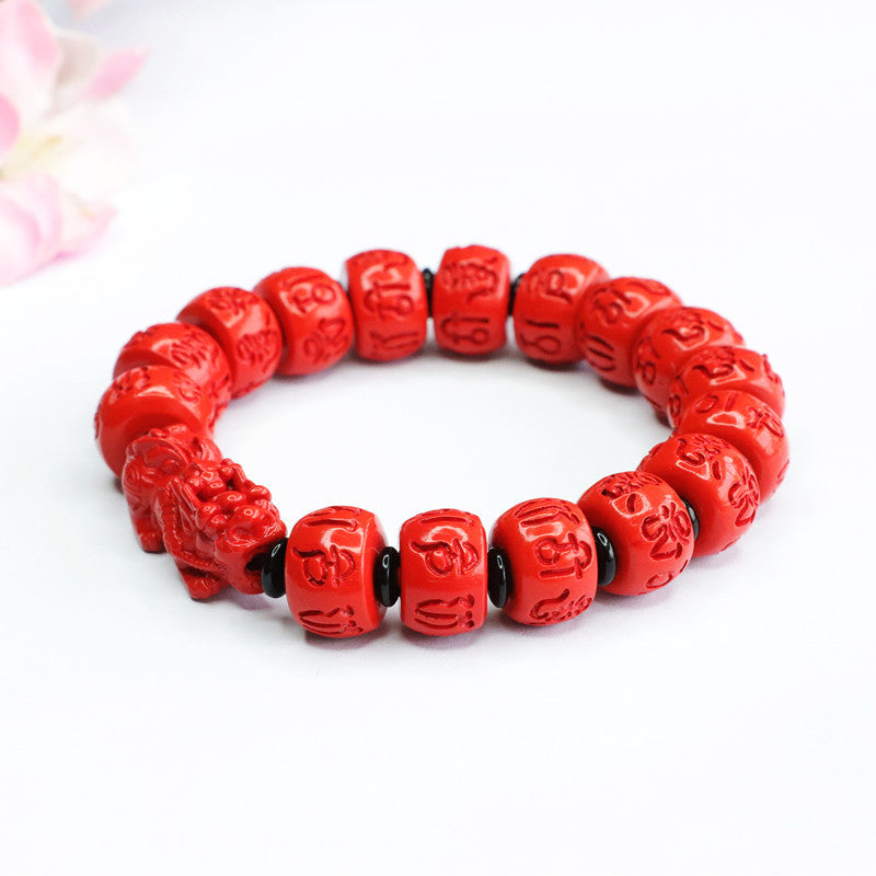 Red Sand Pixiu Cinnabar Bracelet with Six-character Proverb