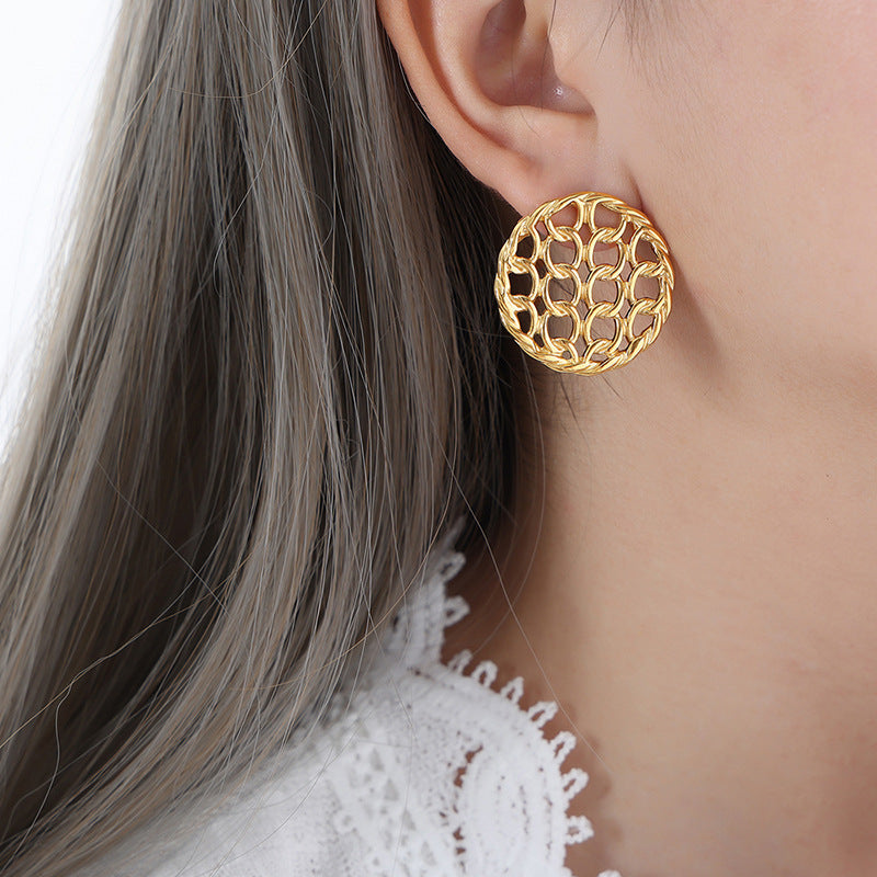 Exaggerated Personality Titanium Steel Earrings - Ancient Style Hollow Circular Knitting Design