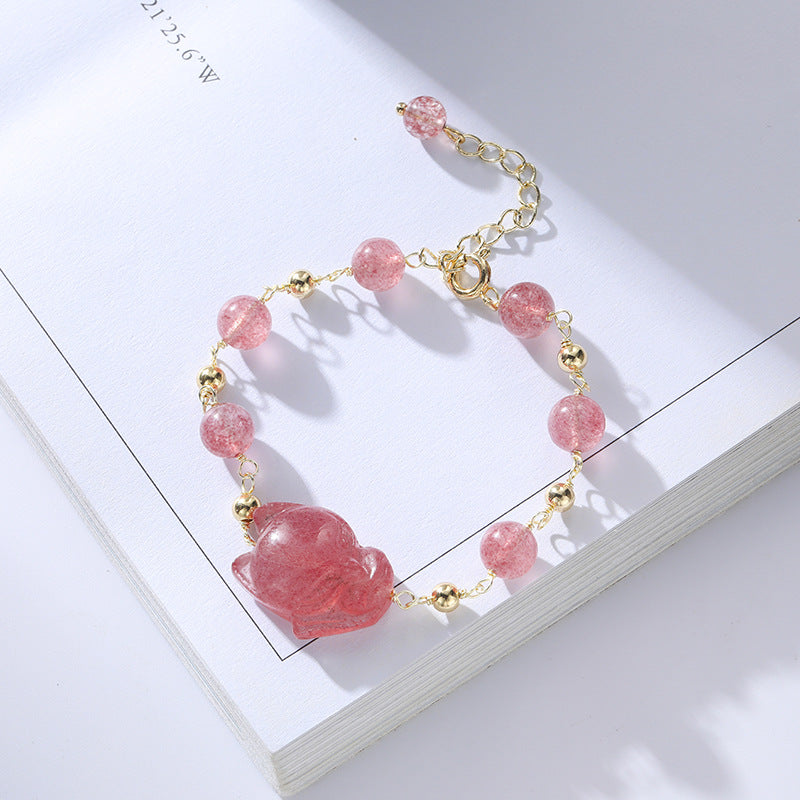 Lucky Strawberry Crystal Fox Bracelet - Sterling Silver Female Gift