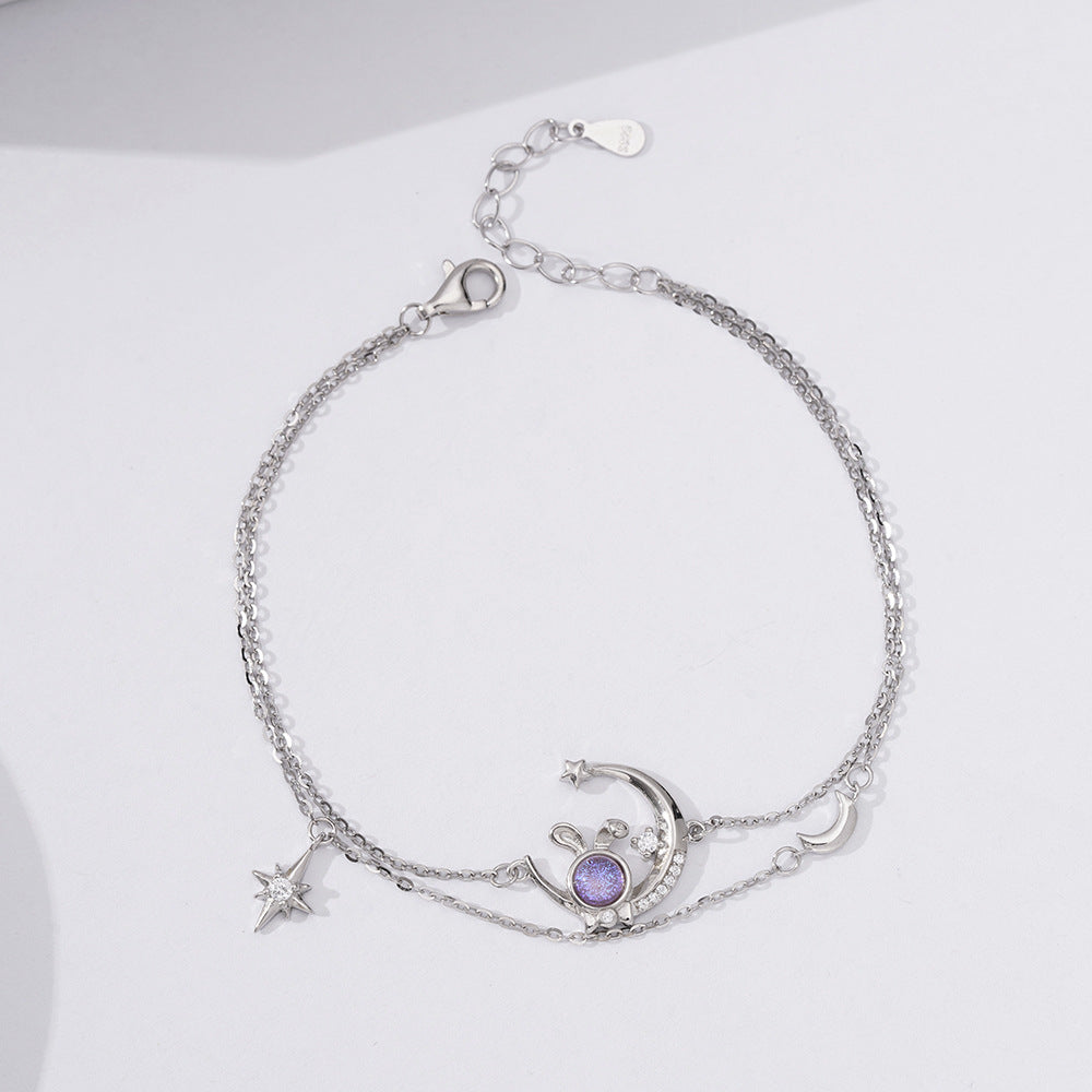 Rabbit Moon Hexagram Star Double Layer Silver Bracelet