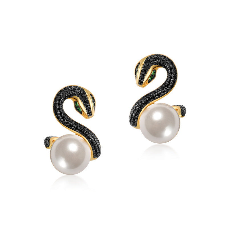 Black Snake Round Pearl Sterling Silver Stud Earrings