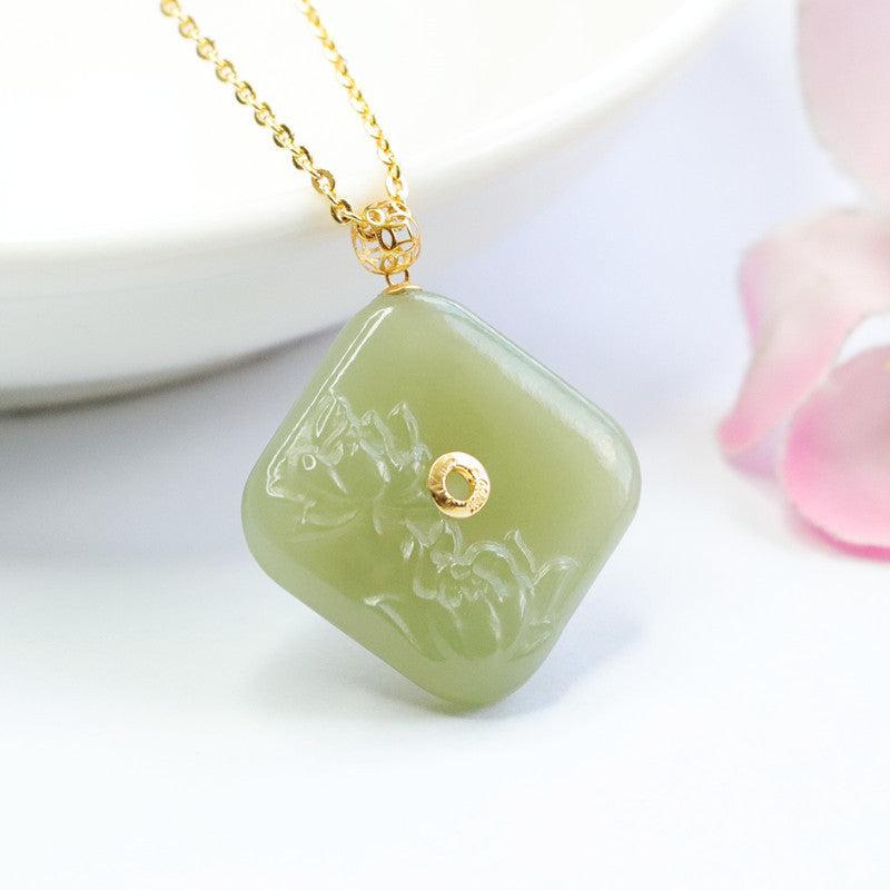 Jade Blossom Sterling Silver Necklace with Hotan Jade Pendant