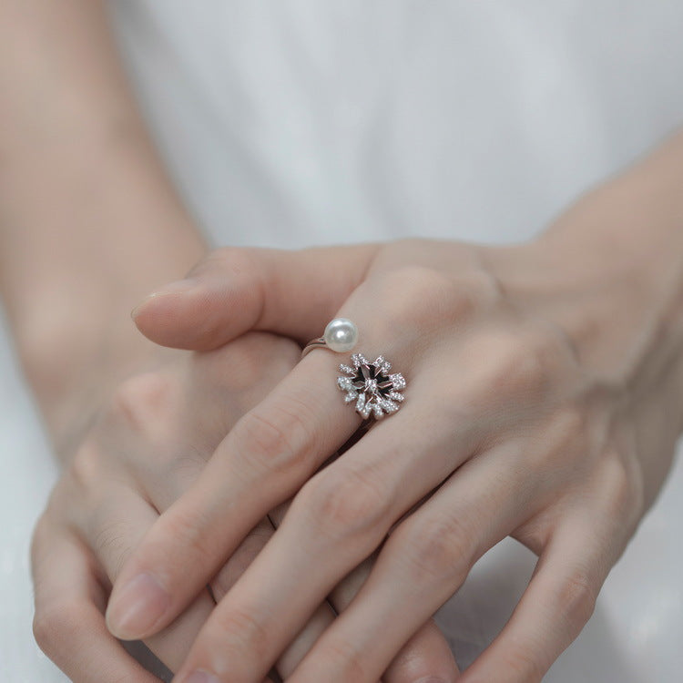 Zircon Snowflake and Round Pearl Opening Sterling Silver Ring