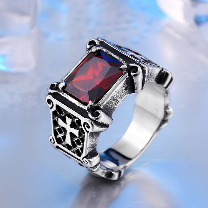 Trendy Retro Men's Thai Silver Ring with Titanium Steel and Zircon Inlay