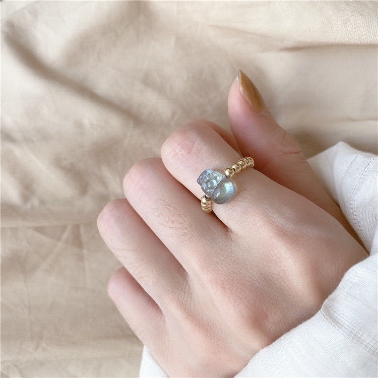 Strawberry Crystal and Pearl Sterling Silver Ring with Pixiu Design