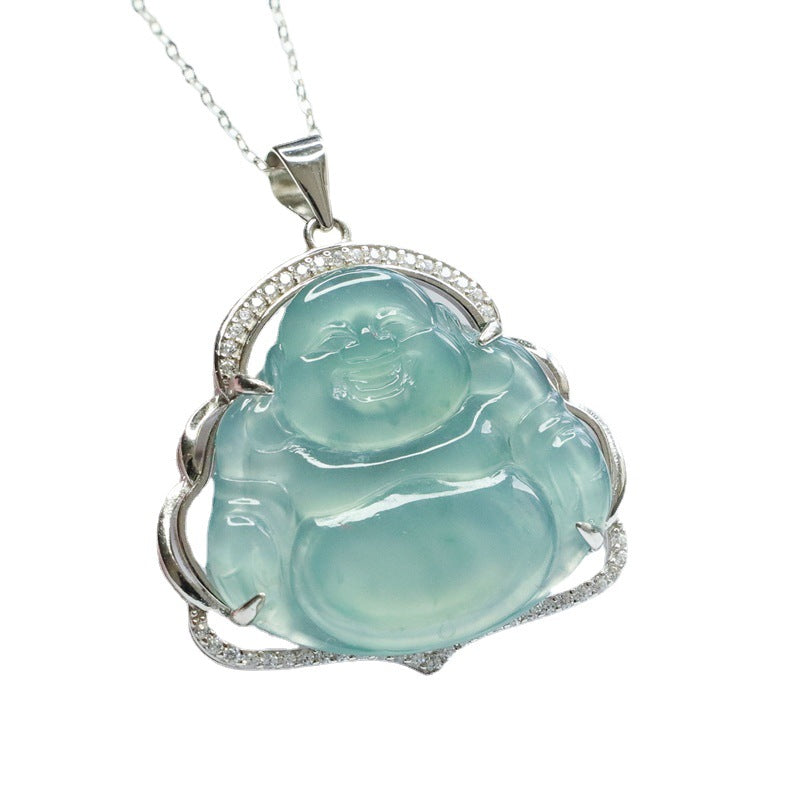 Buddha Pendant Fortune Necklace in Myanmar Blue Green Jade with Zircon