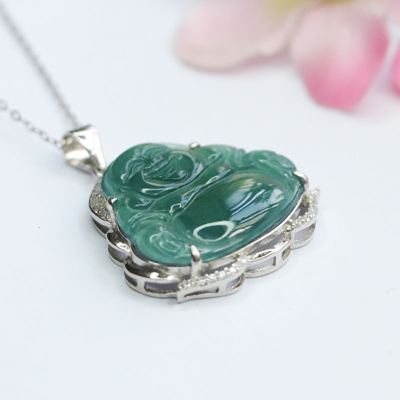 Buddha Necklace with Ice Blue and Green Myanmar Jade