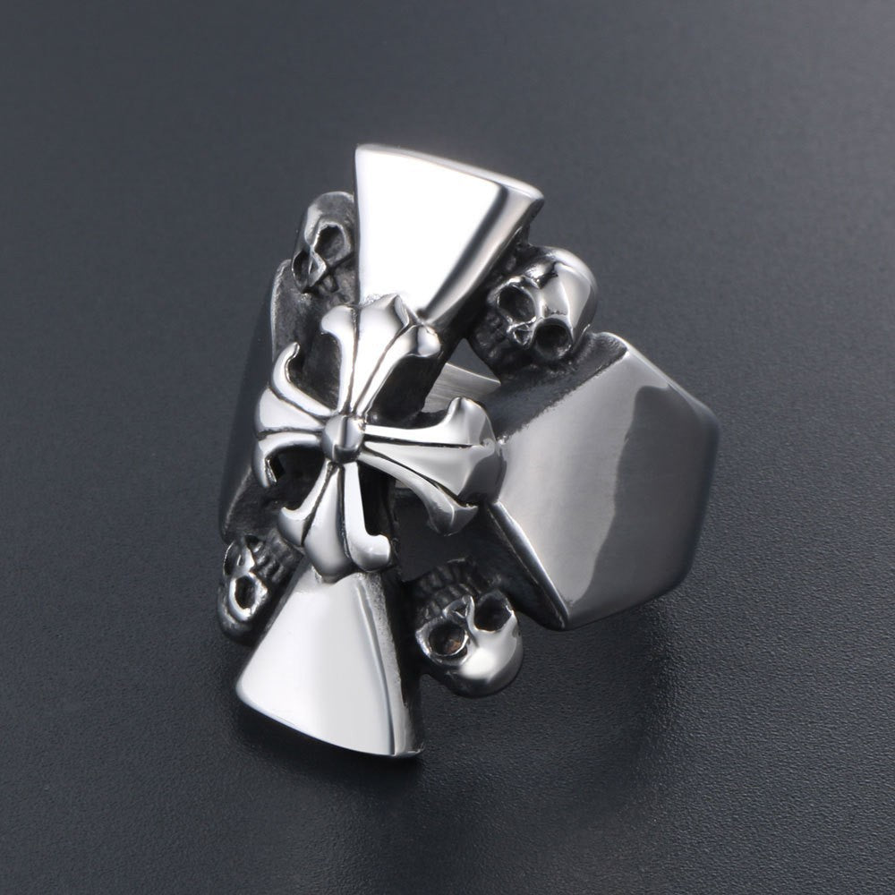 Titanium Steel Skull and Cross Flower Ring for Men - Retro Hip-Hop Jewelry