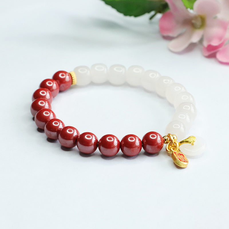 Cinnabar and Jade Sterling Silver Bracelet