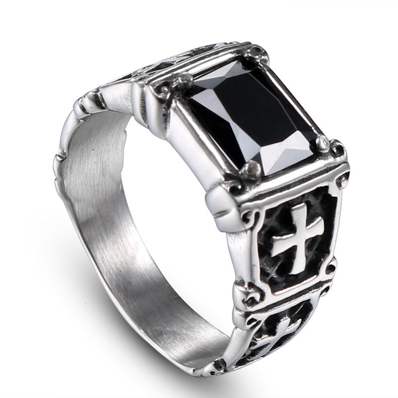 Men's Retro Red Diamond Cross Ring - Zircon-Encrusted Titanium Steel Fashion Accessory