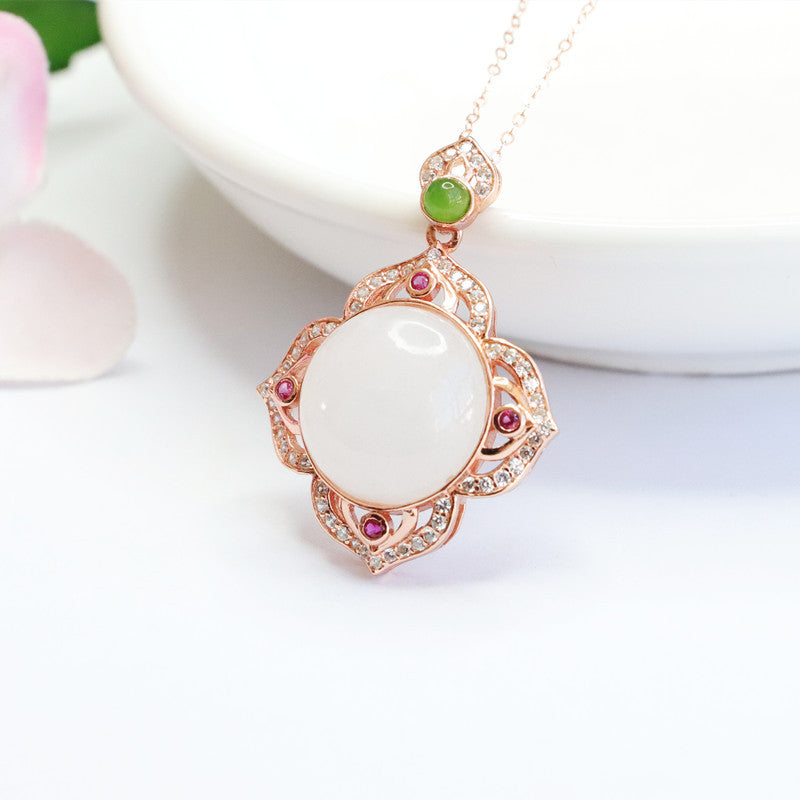 Sterling Silver White Jade Flower Necklace with Hetian Jade Pendant