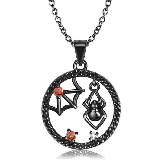 Halloween Black Spider Web with Zircon Hollow Circle Silver Necklace