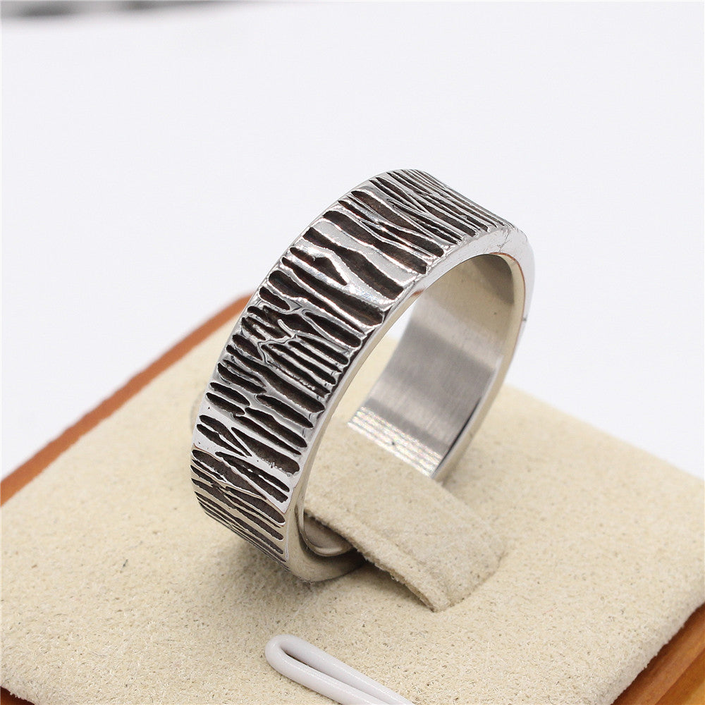 European and American Retro Cold Wind Titanium Steel Ring - Tree Bark Pattern Men's Ring