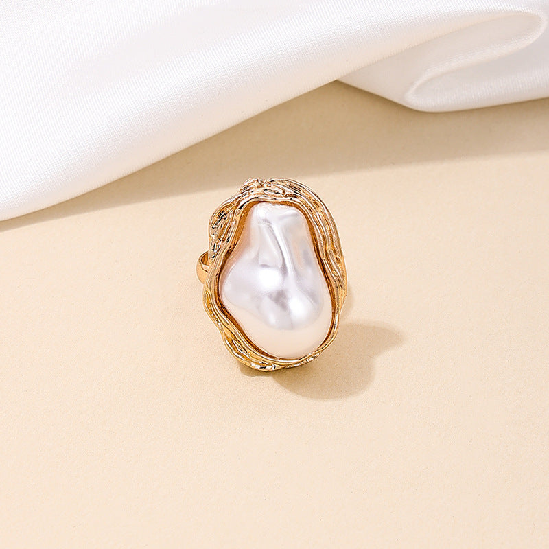 French Retro Elegance Metal Acrylic Pearl Open Ring